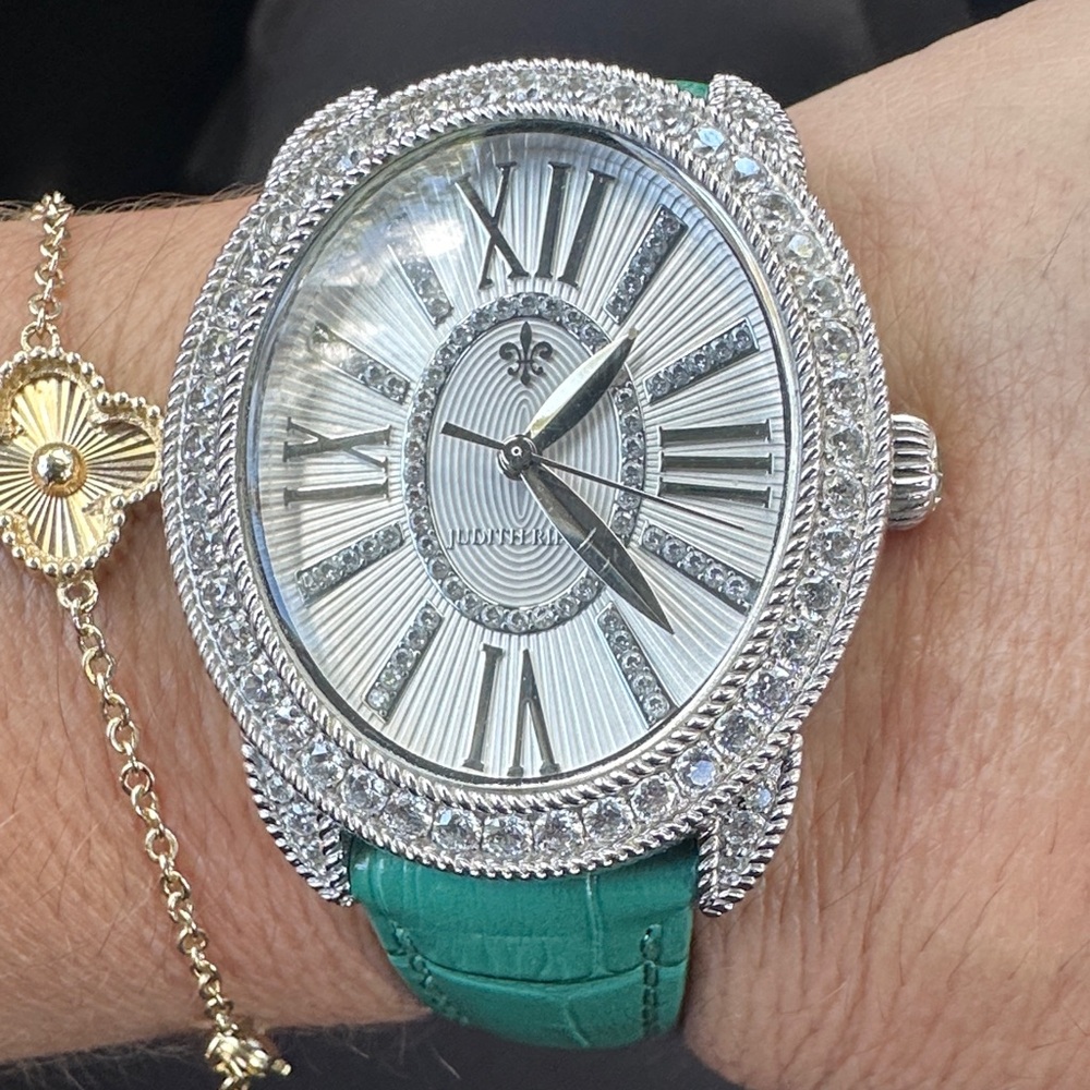 Judith Ripka Silver Crystal Watch with Green Strap